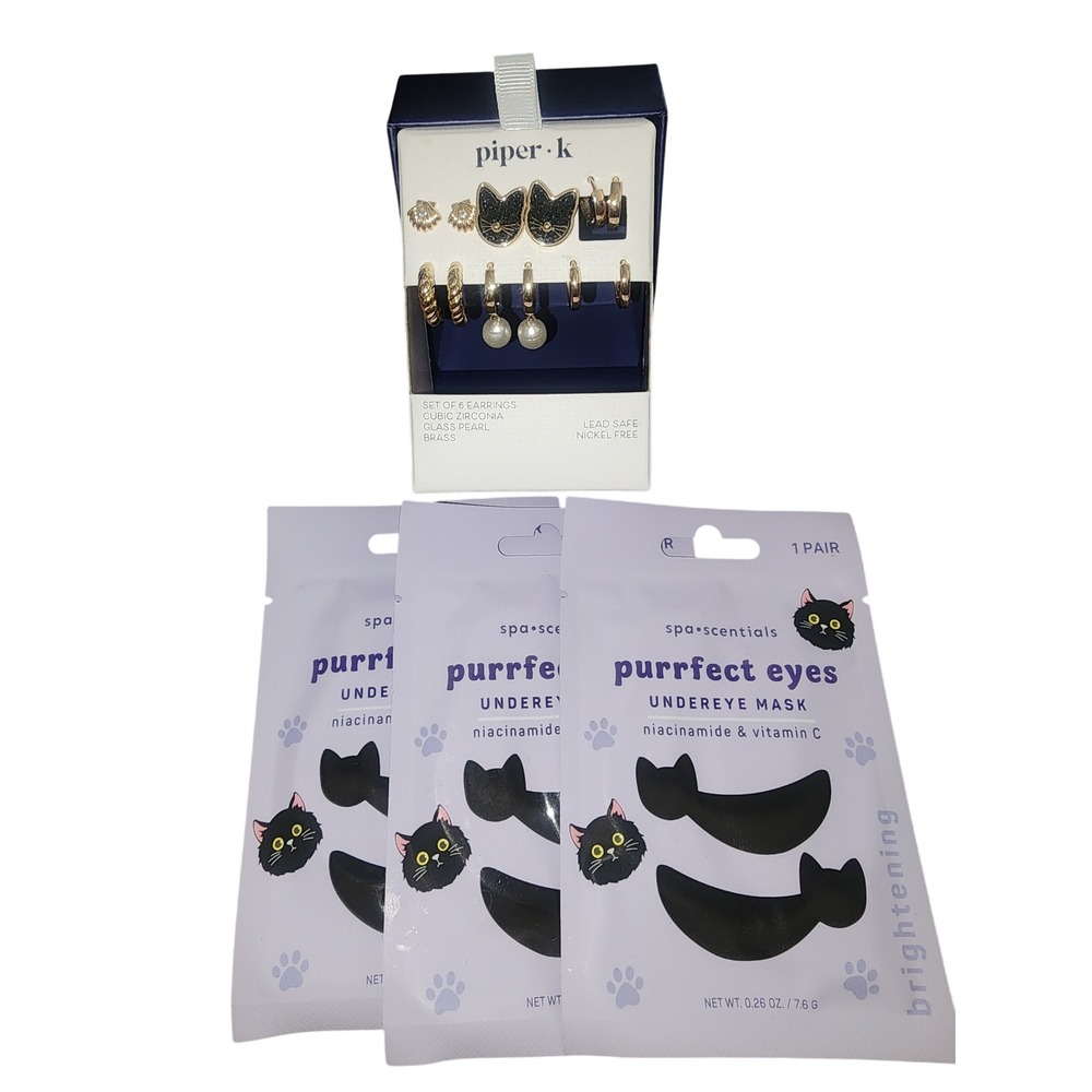 Piper K 6 Pair Earring Set Cat Pearl Shell & Spa Scentials Undereye Mask Bundle